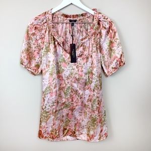 TALBOTS Floral Satin Short Puff Sleeve Blouse